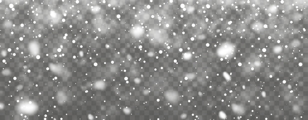 Heavy Falling Snow On Transparent Background With Soft Blurred Particles And Realistic Depth Effect. Winter Christmas Snowfall Overlay For Holiday Design Projects. Vector Illustration