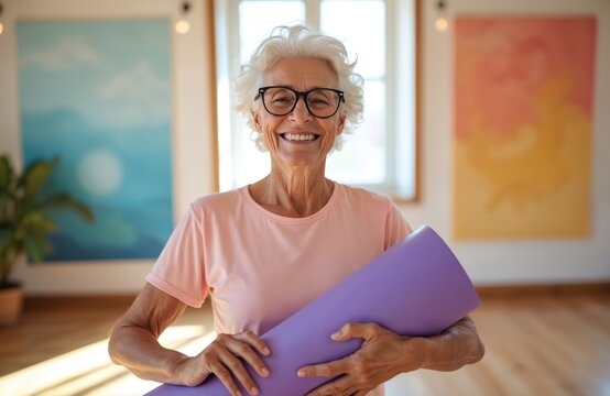 Joyful senior woman smiles, holds purple yoga mat in bright modern studio. Healthy old lady ready for fitness workout, pilates class. Mature female enjoys wellbeing, active lifestyle, mental health,