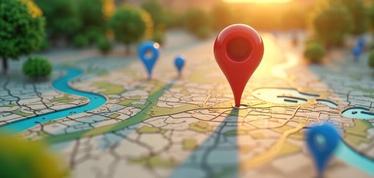 Map with red and blue pins shows city navigation. Streets, river, park areas visible. Sunlight highlights route planning and location finding.