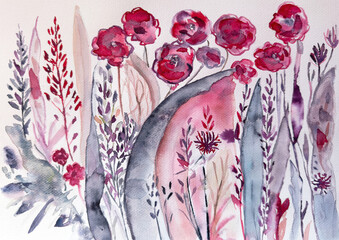 Abstract Watercolor Flowers in Red and Purple Tones, Hand-Painted Botanical Art
