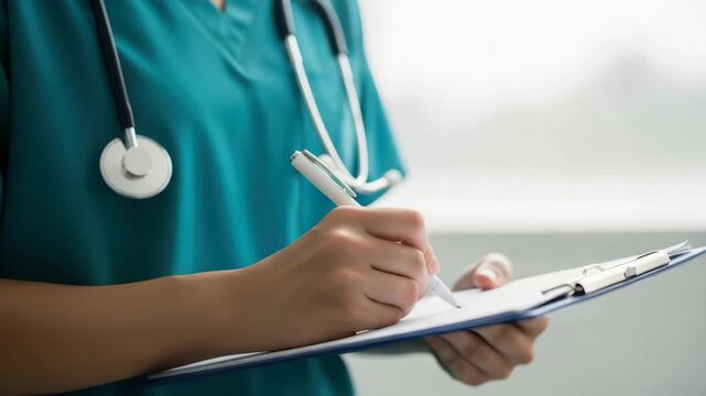 Medical professional taking notes on a clipboard with a pen in hand