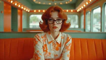 Attractive woman with red hair poses in a diner booth. She wears glasses and a floral shirt. The photo creates a vintage retro atmosphere from the 60s era.