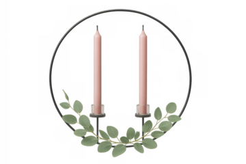 Modern metal candle holder with two pink taper candles and eucalyptus leaves, isolated on transparent background
