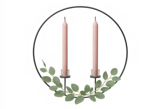 Modern metal candle holder with two pink taper candles and eucalyptus leaves, isolated on transparent background - Powered by Adobe