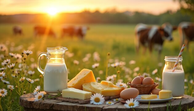 Fresh farm dairy products milk, cheese, butter, eggs on rustic wooden table. Cows graze peacefully in green meadow full of daisies at golden sunset. Tranquil rural scene with natural organic food for