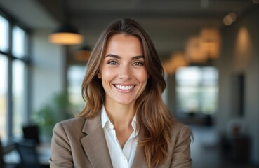 Fototapeta premium Smiling businesswoman poses. Confident female executive looks at camera. Young woman in formal wear. Portrait of happy professional manager in office environment.