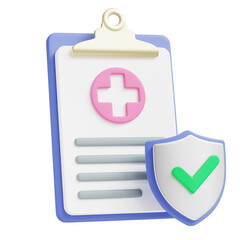 Medical insurance icon logo design. Health insurance sign and symbol. Medical clipboard with cross and protection shield with green tick mark. 3d icon illustration isolated on transparent background