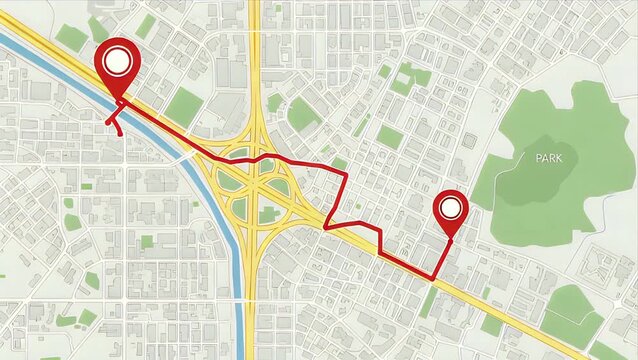 Animated City Map Navigation Route with Pins