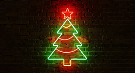Christmas Tree Sign Realistic on Brick Wall. 