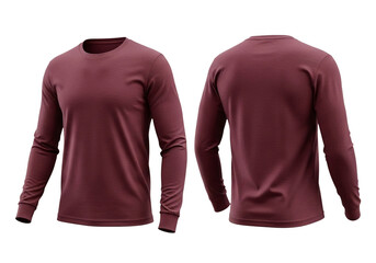 Front and back view of a maroon long-sleeved t-shirt isolated on a white background