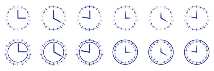 Clock dial watch face vector set. clock silhouette business vector icon bundle. Black clock icon collection with analog faces and clockwise arrows. Flat vector design for time and punctuality themes.