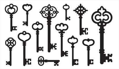 Set of vintage keys in black silhouette vector illustration