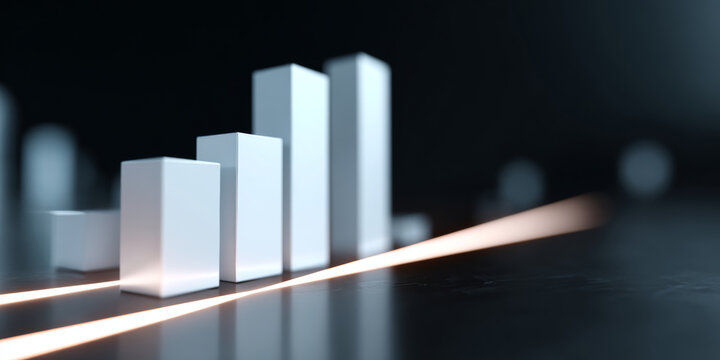 Abstract 3D bar chart with ascending white rectangular blocks on dark reflective surface with glowing diagonal light line - Powered by Adobe