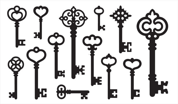 Set of vintage keys in black silhouette vector illustration
