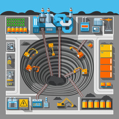 Obraz premium Top-down vector illustration of an open-pit mine, showing excavators, a processing plant, and industrial infrastructure.