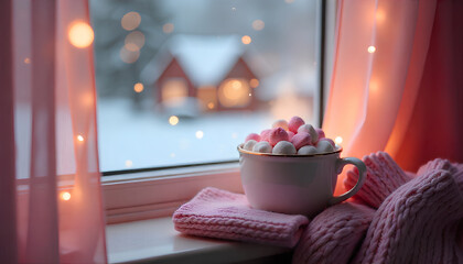 Cozy Winter Scene with Mug of Marshmallows and Pink Knitted Mittens