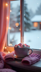 Hot Chocolate with Marshmallows on Winter Windowsill with Cozy Pink Accessories