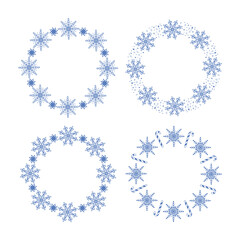 Vector set of frames with snowflakes. A set of frames made of blue snowflakes on a white background. Round frames for Christmas and New Year decorations.