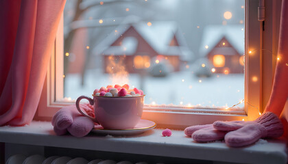 Pink Mug of Hot Chocolate with Marshmallows on Snow-Dusted Windowsill