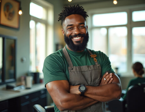 Happy Black man, barber, stands smiling in his modern shop. He has beard and dreadlocks, wears apron, arms crossed, looking confident. Entrepreneur and small business owner in hair salon proudly. - Powered by Adobe