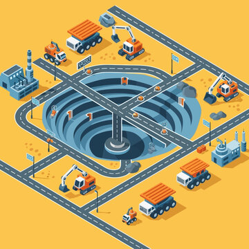 Isometric illustration of an open-pit mine with heavy machinery and infrastructure.