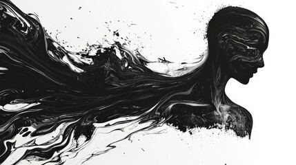 Fototapeta premium A captivating artistic representation of a black silhouette merging with fluid textures, symbolizing emotion and depth.