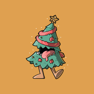 Adorable Angry Tree Character, festive Humor vector Illustration. Holidays, funny design concept.