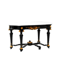 Photo of decorative wooden table with a white marble top isolated on transparent background