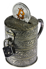 vintage coin bank with Bitcoin coin isolated on white background