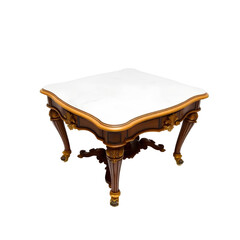Photo of decorative wooden table with a white marble top isolated on transparent background