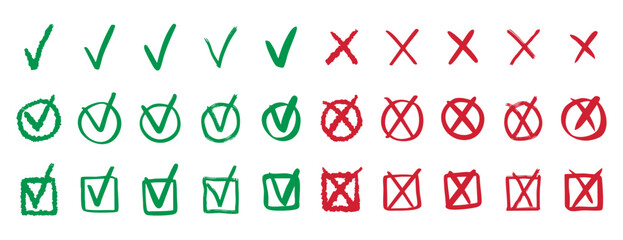 Check marks doodle set vote yes no cross hand drawn icon