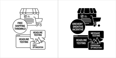 Ecommerce optimization icons with free shipping and headline testing