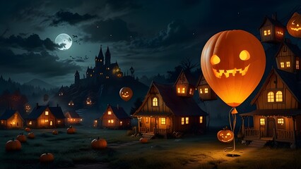 A spooky Halloween night with glowing pumpkin-shaped balloons floating above a haunted village, lit by a full moon.