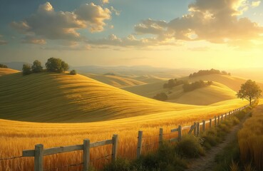 Golden wheat fields blanket rolling hills under a warm sunset sky. A rustic wooden fence lines a dirt path through the serene country. Trees dot the distant farm land. Summer harvest season.