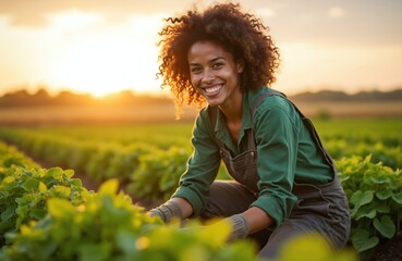 Young woman farm worker smiles happily in green field. Wears work overalls, gloves, tending fresh sprouts at golden hour sunset. Agronomist enjoys nature, growing healthy crops, sustainable