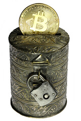 vintage coin bank with Bitcoin coin isolated on white background