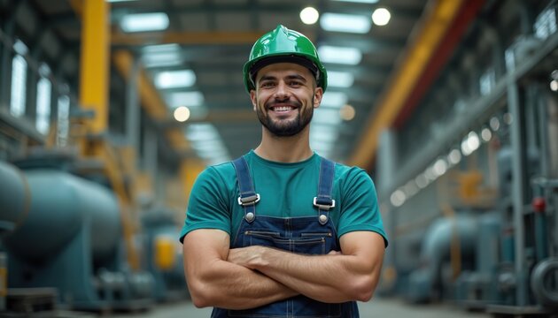 Smiling male worker in green hard hat and blue overalls stands in a large factory. Man crosses arms, shows confidence, looks at camera. He works at an industrial plant, a proud engineer or technician.