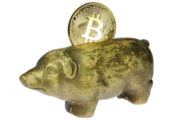 antique piggy bank with Bitcoin coin isolated on white background