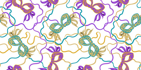 seamless mardi gras carnival mask pattern with ribbons abstract line art colorful festive background masquerade venetian tradition holiday decor