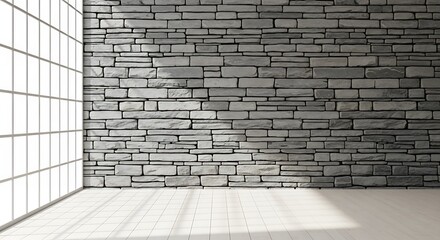 Fototapeta premium Modern interior with a rough stone wall and large window, natural light