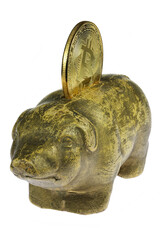 antique piggy bank with Bitcoin coin isolated on white background