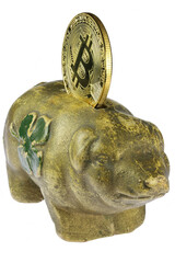 antique piggy bank with Bitcoin coin isolated on white background