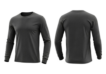 Plain black long-sleeve t-shirt mockup, front and back views of a simple crew neck garment