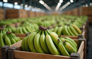 Fototapeta premium Bunches of green unripe bananas packed in wooden boxes at warehouse. Fresh tropical fruit harvest ready for transport, storage. Agricultural food production, supply chain logistics background. Crop