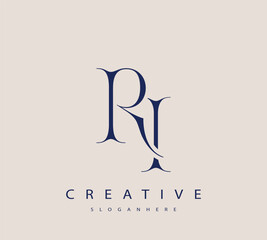 Sophisticated and stylish letter logo design featuring the combination of the letters R and I in dark blue color scheme perfect for branding stationery website headers or social media graphics