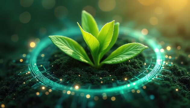 Green plant sprout grows from dark rich soil. Glowing digital circuit, with light particles, surrounds. Shows nature tech fusion, sustainable future. Eco innovation, smart agriculture, biotech