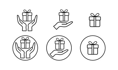 A set of icons depicting hands holding a gift, each icon is isolated. Hands holding a gift badge. Hands holding a gift in a flat and linear style - stock vector image.