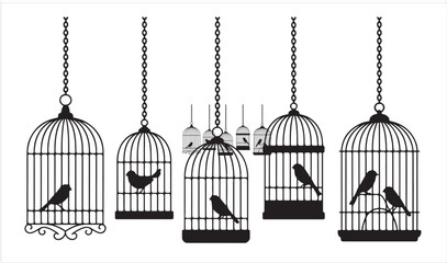 Elegant hanging bird cages with silhouette birds in vector style