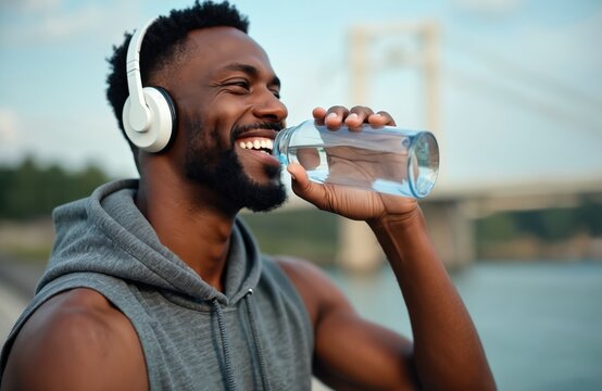 Happy african man with headphones drinks water from bottle after training. Athlete rests and smiles, enjoying outdoor exercise session in urban setting. Fit person stays hydrated during workout.