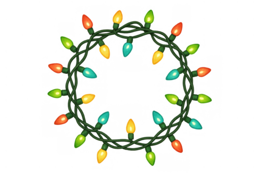 Christmas lights string creating a holiday wreath shape, traditional colorful bulbs glowing for festive celebration decor with transparent background - Powered by Adobe